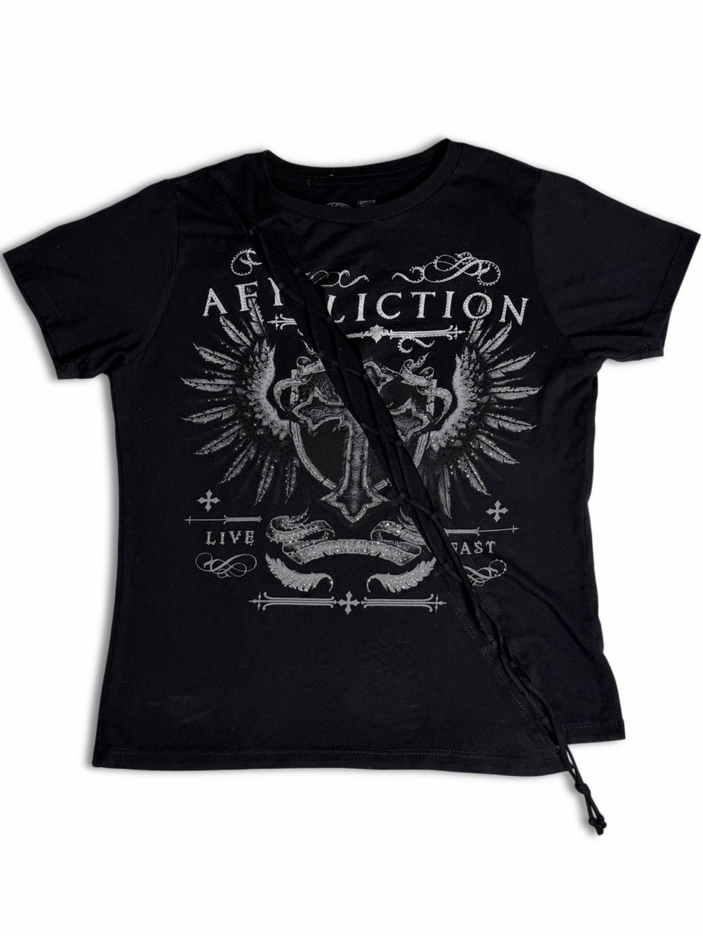 NWT Affliction Portrayal Rhinestone Short Sleeve Top Cut Out Front